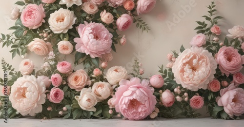 Pastel vintage floral wall, romantic roses & peonies, arrangement, peonies