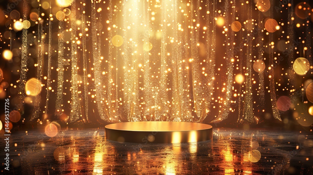 Obraz premium An empty stage podium placed on a shimmering golden backdrop, glowing lights casting warm highlights, evoking elegance and grandeur. 