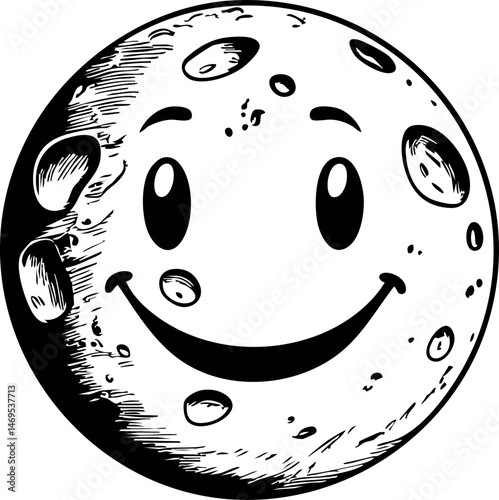 Joyful moon character outer space illustration whimsical cartoon smiling celestial body