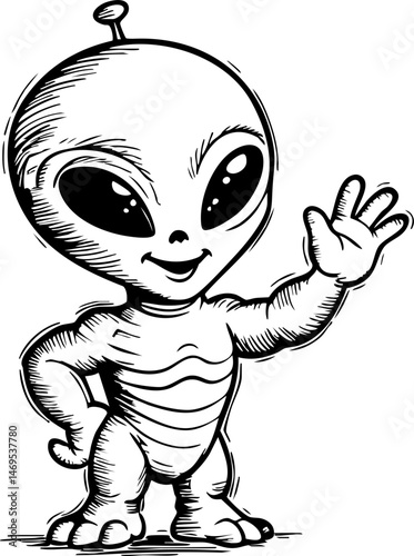 Alien encounter friendly visitor outer space illustration sci-fi whimsical concept