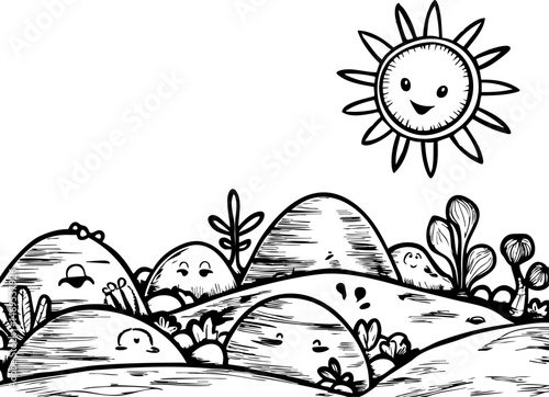 Joyful sunlit landscape with happy hills and smiling sun whimsical nature scene playful environment vibrant viewpoint