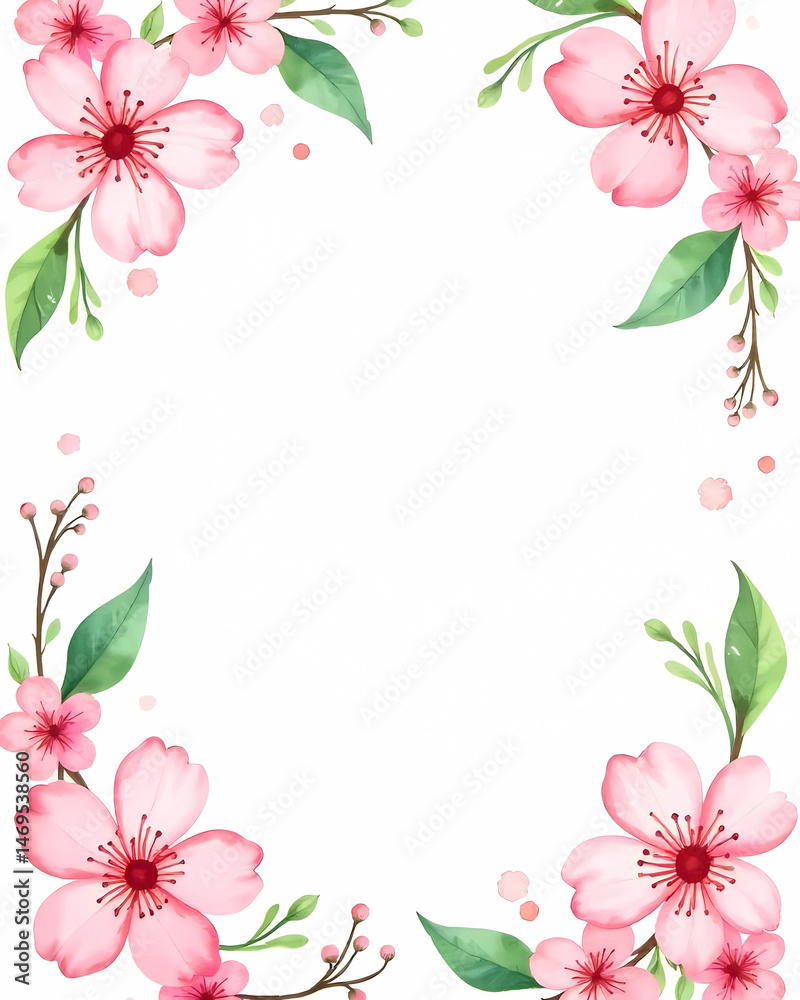 Fototapeta premium Soft watercolor-style floral frame with delicate peach-pink blossoms and gentle green leaves. Elegant botanical border design with a warm, glowing background.