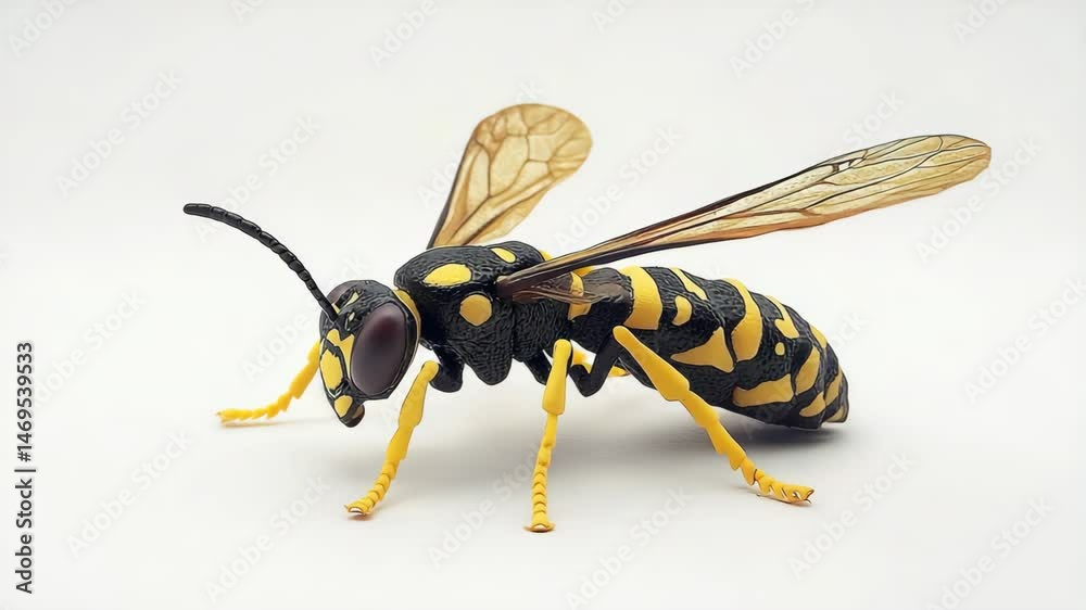 Macro Cinematic Shot of Yellow and Black Wasp Insect on White Background Macro Cinematic Shot of Yellow and Black Wasp Insect on White Background