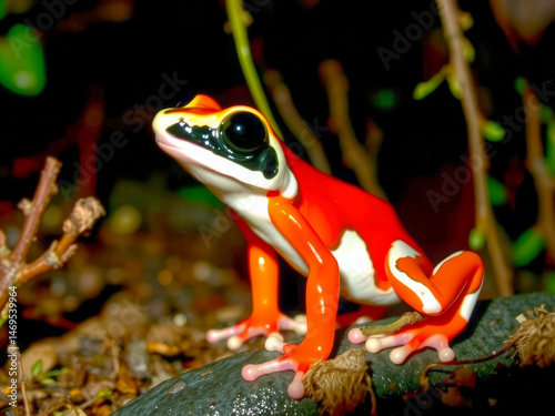 A frog with orange and white legs is standing on a rock. The frog is looking at the camera
