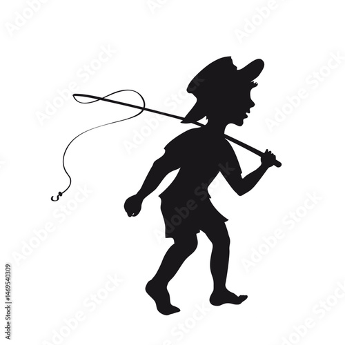 A boy goes fishing with a fishing rod. Boy Fishing Silhouette
