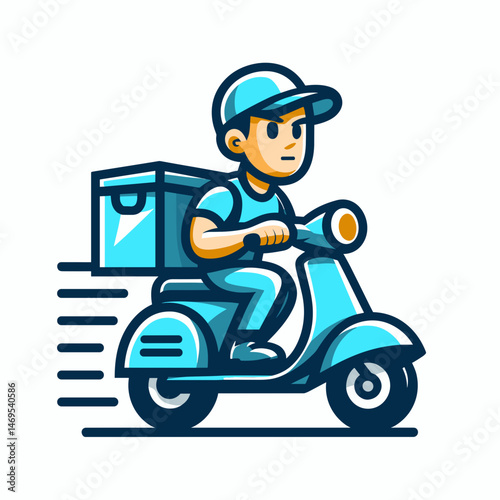 Delivery person riding scooter in motion against white background  