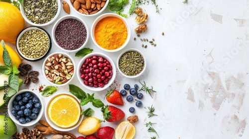 Wallpaper Mural A colorful arrangement of fruits and vegetables on a white surface, including oranges, strawberries, blueberries, and green beans. Torontodigital.ca