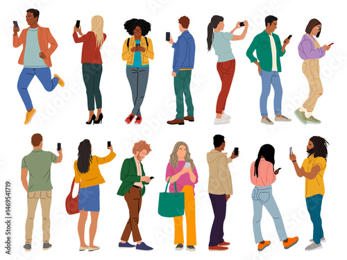 Set of different people using gadgets. Business men and women holding smartphones, texting, talking, taking picture. Group of male, female cartoon characters Vector realistic illustrations.