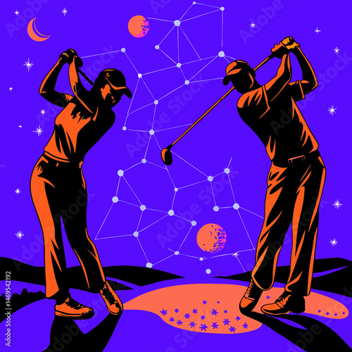 Epic night orange black purple golf man and woman space galaxy surreal