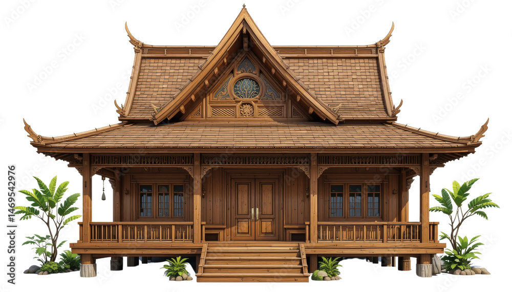 Fototapeta premium Traditional wooden house architecture rural setting residential structure natural environment front view cultural significance and design aesthetics