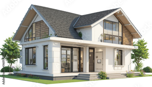 Modern two-story house design suburban area 3d render residential environment front view architectural elegance for contemporary living