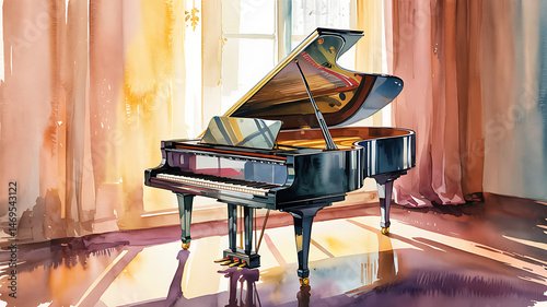 Elegant grand piano bathed in sunlight, showcasing a beautiful watercolor illustration of a musical setting