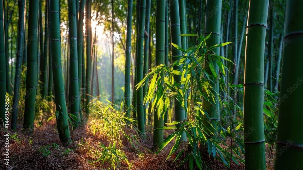 Fototapeta premium Calm bamboo forest during golden hour, warm sunlight casting soft glows on green trunks