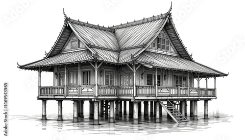 Traditional wooden house with unique architecture tranquil waterfront black and white illustration asian style perspective view cultural heritage and design