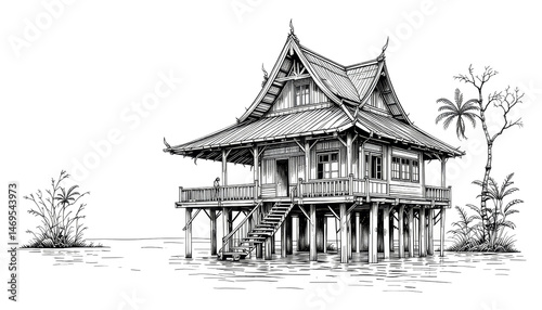 Traditional wooden stilt house by the water architectural illustration serene environment black and white detail perspective view cultural heritage concept