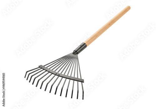 HighQuality Garden Rake Image Wooden Handle Metal Tines Gardening Tool isolated on white background