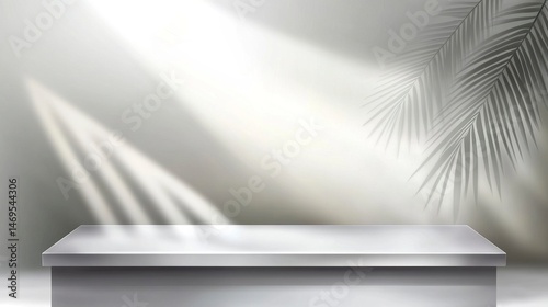 Wallpaper Mural Blank white counter podium illuminated by diffused sunlight with delicate palm shadows playing across the wall. Elegant and organic, perfect for beauty products.  Torontodigital.ca