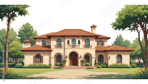 Exquisite modern villa exterior residential area digital artwork lush green landscape front view architectural design for visual appeal