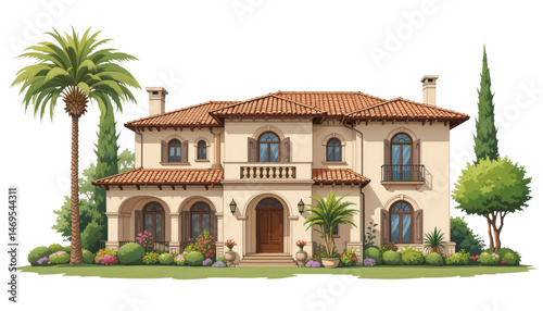 Stunning mediterranean villa design coastal area digital artwork lush garden front view architectural elegance for homeowners