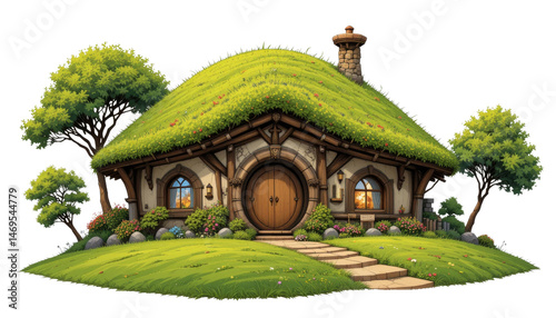 Enchanting cottage with lush green roof and beautiful garden idyllic countryside illustration whimsical environment front view fairy tale concept for imagination and fantasy