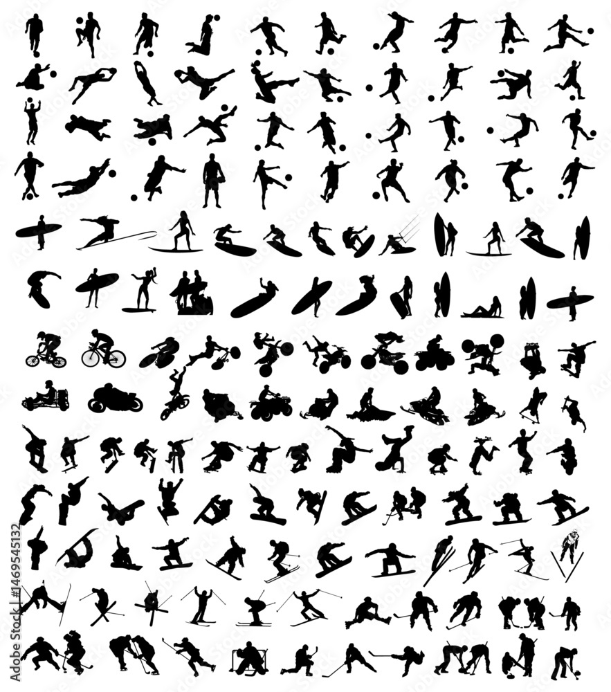Naklejka premium Diverse Sports Silhouette Collection Pack: A dynamic array of sport silhouettes, showcasing various activities from football to surfing, snowboarding to cycling, capturing movement and energy.