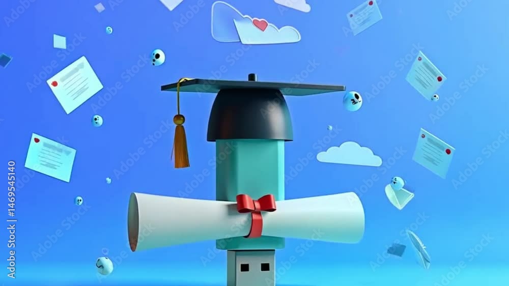 3D illustration of USB flash drive with graduation cap and diploma scroll in blue cartoon style with flying documents and cloud icons
