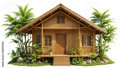 Captivating wooden house surrounded by lush greenery tropical environment architecture nature inviting atmosphere cozy viewpoint