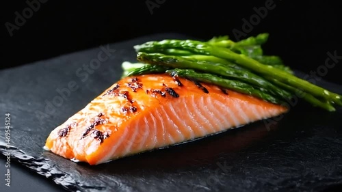 Serving Grilled Salmon with Fresh Asparagus on Dark Plate Close Up