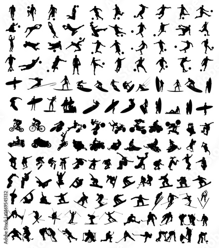 Diverse Sports Silhouette Collection Pack: A dynamic array of sport silhouettes, showcasing various activities from football to surfing, snowboarding to cycling, capturing movement and energy.