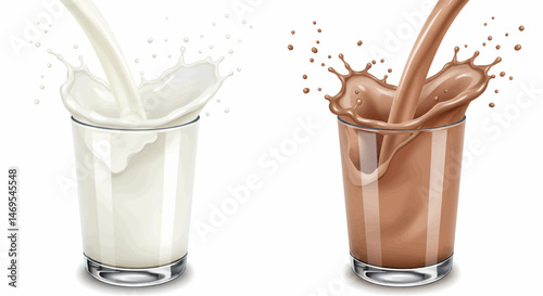 Two clear glass cups placed side by side. The cup is filled with milk and chocolate milk, on a transparent white background for vector graphics.