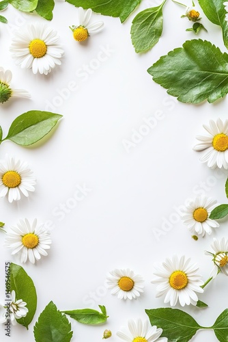 Daisies and green leaves frame a white background (1)