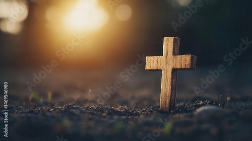 Cross made of aged wood, glowing softly in serene sacred landscape, Christian faith theme