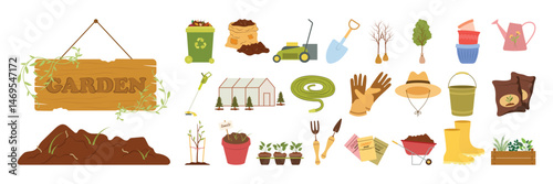 Simple gardening tools, plants, fences, and accessories for home gardens