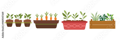 Colorful gardening elements including tools, plants, fences, and decorations