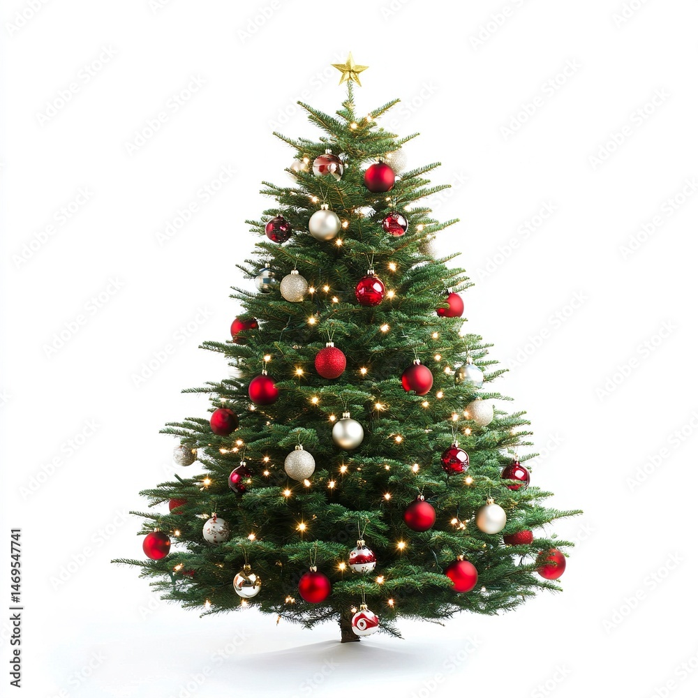 Christmas tree decorated with ornaments and festive lights isolated on white. Festive christmas tree with lights and ornaments Christmas tree decorated with ornaments and festive lights isolated on white. Festive christmas tree with lights and ornaments