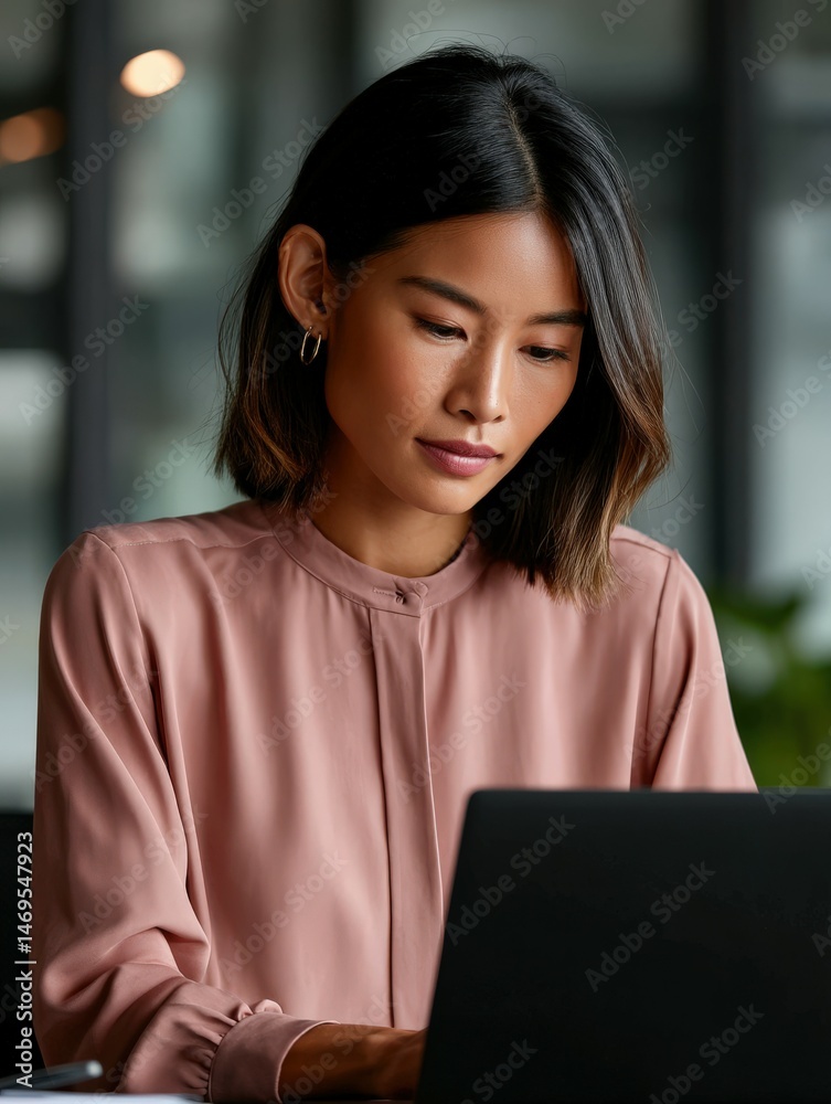 Professional woman working on laptop in modern office space
