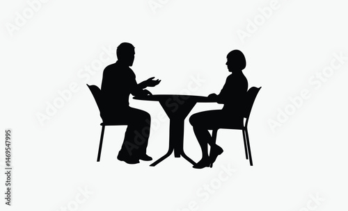 table conversation silhouette, coffee meeting pair, seated couple talking, black white discussion, casual table pose, man woman dialogue, coffee break scene, social interaction silhouette