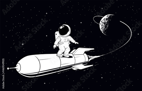 An astronaut on the rocket flies from Moon orbit into outer space. Spaceman riding a rocket travels around the universe.Cosmonaut returns from new planet. Hand drawn vector illustration about adventur