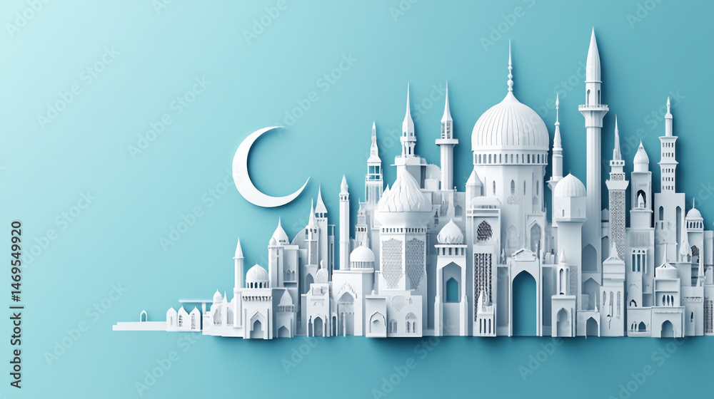 Fototapeta premium White Mosque Complex Illustration on Blue Background with Crescent Moon Art