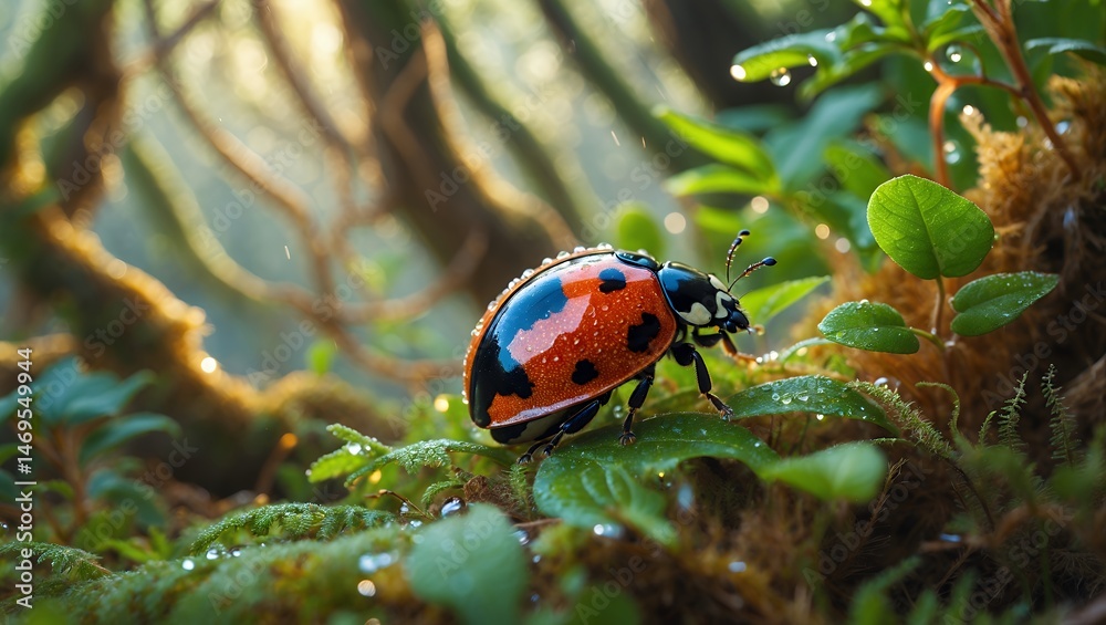 Fototapeta premium Ladybug crawling on a wet leaf in a mossy forest