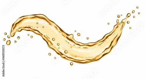 Dynamic spray of transparent golden liquid suspended in the air on a transparent vector background.