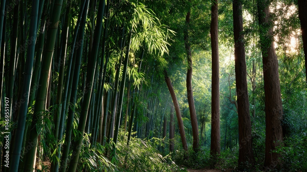 Naklejka premium Gentle light filtering through dense bamboo trees, highlighting the natural vertical pattern