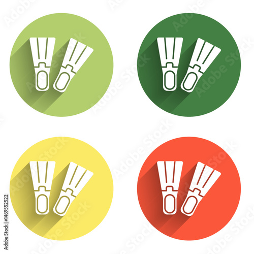 Set Rubber flippers for swimming icon isolated with long shadow background. Diving equipment. Extreme sport. Sport equipment. Color circle button. Vector