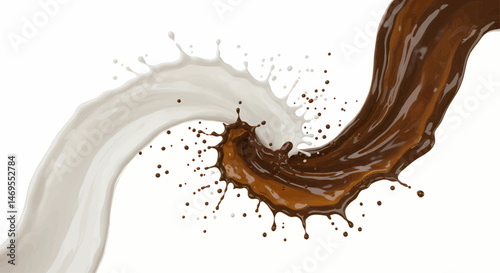 Two streams of liquid, one pure white and the other dark brown, collide dramatically and blend visibly as they meet. On a transparent background, suitable for vector graphics.