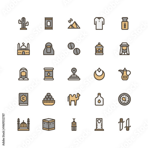 Saudi Arabia filled outline icon set. Saudi Arabia color line icon set.