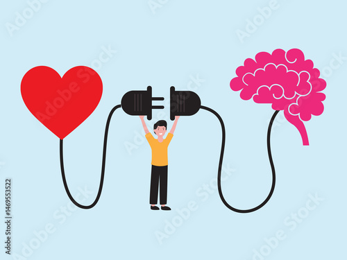 heart brain connection control feeling emotion logical thinking brain man connect plug heart brain concept illustration design