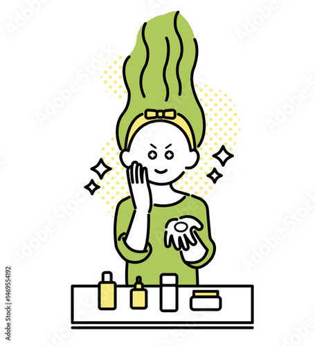 スキンケアに情熱を注ぐ女性のイラスト