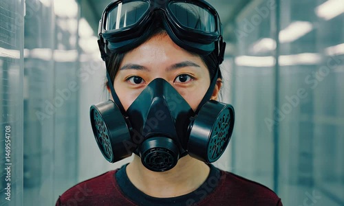 Person wearing respirator in hallway.