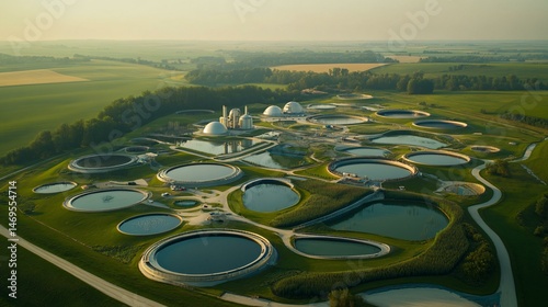 Aerial panorama of a large-scale agricultural biogas facility featuring organized reactor domes, automated feedstock hoppers, digital flare stack, and periphery plantings of wind-tolerant hedge