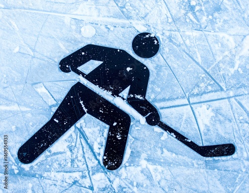 Hockey player symbol pictogram on ice texture close up as symbol of player holding a hockey stick to play hockey game of competitive sports